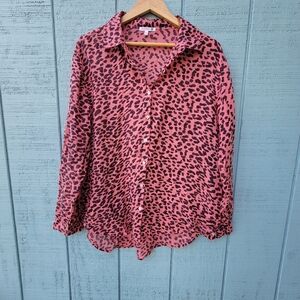 Sundry 100% Cotton Animal Print Boyfriend Button Down Gauzy Shirt sz S/M Pink Bl